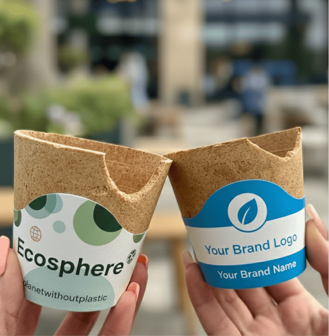 Custom branded edible biscuit cups with logo for cafes events and hospitality brands