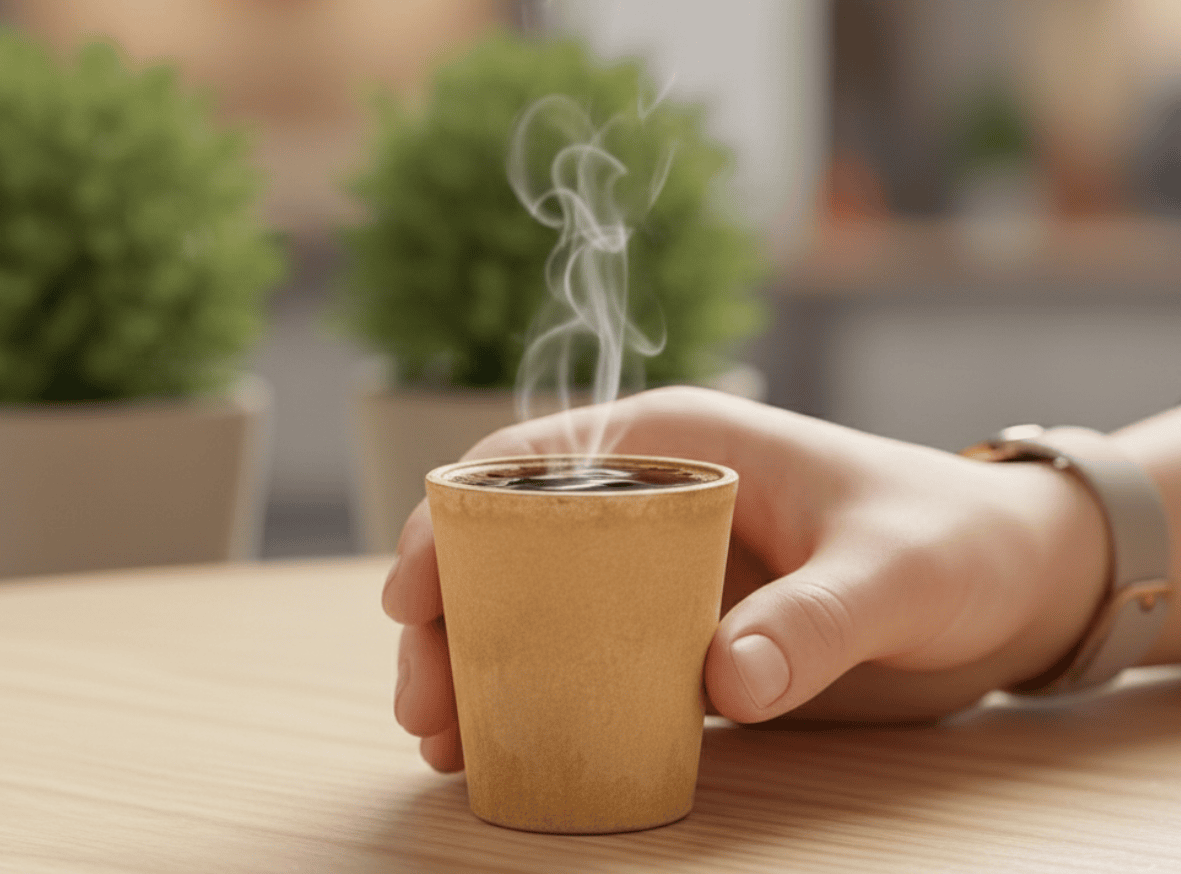 Eco friendly edible biscuit cup holding hot coffee sustainable alternative to plastic cups