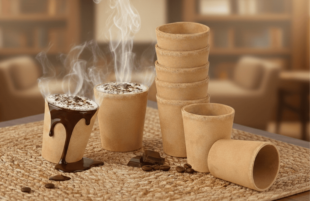 Woman enjoying tea from eco friendly edible biscuit cup in cafe