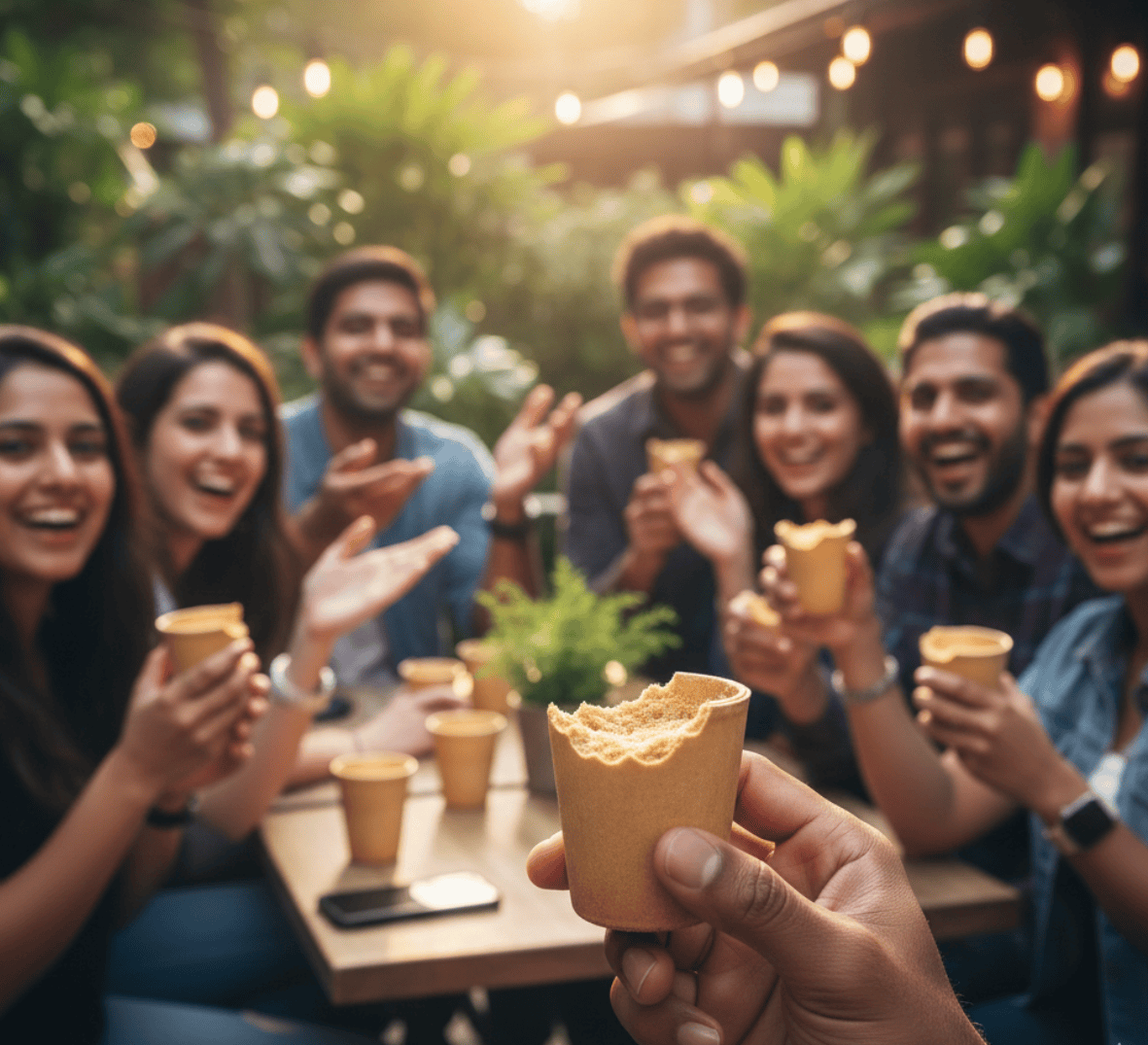 Friends enjoying hot coffee served in edible biscuit cups at a social gathering