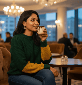 Woman drinking tea from an eco friendly edible biscuit cup in a cafe